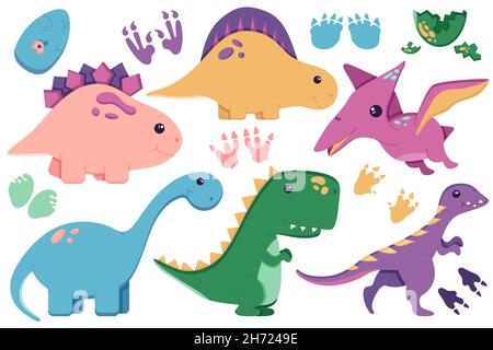 Un set di graziosi dinosauri per decorare il vivaio, adesivi Mesozoici per bambini, Tyrannosaurus, Pterodactyl, Stegosaurus, Brachiosaurus, e. Illustrazione Vettoriale