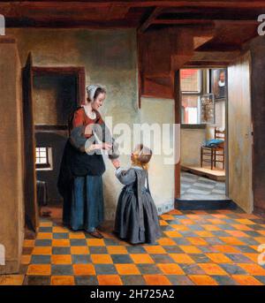 Pieter de Hooch. Dipinto dal titolo "Donna con un bambino in una dispensa" del pittore olandese dell'età dell'oro Pieter de Hooch (1629-1684), olio su tela, c.. 1656/60 Foto Stock