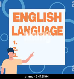Didascalia concettuale in lingua inglese. Parola per la terza lingua nativa parlata nel mondo dopo cinese e spagnolo Gentleman disegno permanente dito di puntamento Foto Stock
