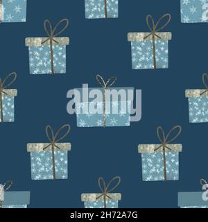 Modello senza cuciture con scatole regalo. Motivo per la stampa da caselle blu. Foto Stock