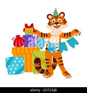 Tigre sorridente con cappello da festa, bandiere garland festive, regali. Zodiaco cinese animale. Simbolo del nuovo anno 2022, 2034. Illustrazione vettoriale isolata Illustrazione Vettoriale