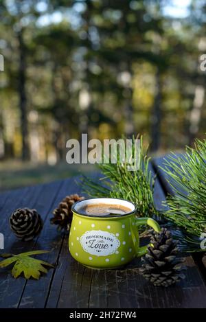 Tazza d'epoca di caffè caldo accanto ai coni di pino, foglia caduta e ramo di pino su tavola di legno nel parco naturale. Foto Stock