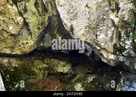 Rocce massicce all'interno e all'esterno della grotta di Posovragi nelle gole dell'Oltetului. La Grotta di Posovragi si trova sui monti Căpățânii, sulla riva di Olteț, Foto Stock