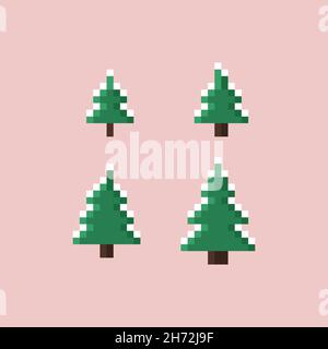 Illustrazione vettoriale set vacanza di pixel art albero di Natale coperto di neve. Disegno piatto a 8 bit su sfondo chiaro Illustrazione Vettoriale