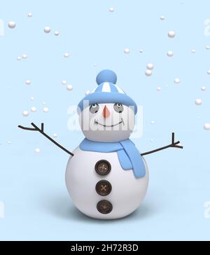 Carino animatore di neve su sfondo blu. Immagine 3D Foto Stock