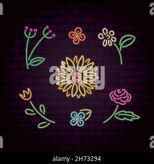 Luminoso set di fiori al neon. Collezione di icone estate e primavera Illustrazione Vettoriale