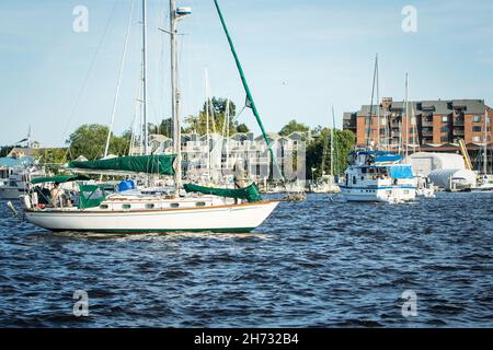 Barche a vela pronte per navigare al molo di Annapolis City (Ego Alley) ad Annapolis, Maryland, in una splendida giornata di sole. Foto Stock