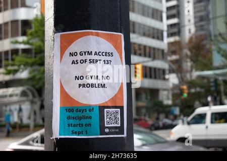 Vancouver, Canada - Settembre 3,2021: Vista del segno sulla strada Nessun accesso palestra a partire da Settembre 13? No palestra, nessun problema Foto Stock