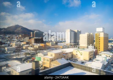 Hakodate City Downtown skyline paesaggio urbano del Giappone in inverno Foto Stock