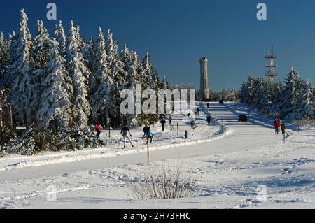 FRANCIA, BAS-RHIN (67), D124 STRADA DIPARTIMENTALE SOTTO LA NEVE A CHAMP DU FEU Foto Stock