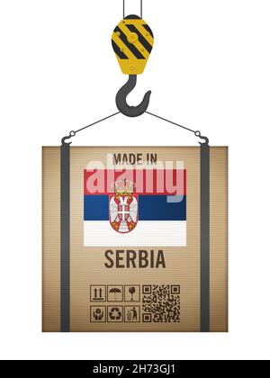 Scatola di cartone a gancio realizzata in Serbia su sfondo bianco. Illustrazione vettoriale. Foto Stock