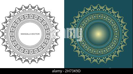 Illustrazione creativa di mandala fredda, con colore verde giallo, grande per i materiali di disegno di invito, manifesti di Ramadan, bandiere, yoga e promotional me Illustrazione Vettoriale