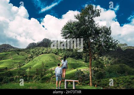 Una coppia innamorata viaggia. Coppia innamorata sulle piantagioni di tè. Viaggio in Sri Lanka. Ragazzo e ragazza in montagna. Luna di miele. Piantagioni di tè verde. Cou Foto Stock