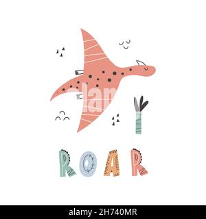 Carino dinosauro con lettere. Grafica slogan con divertenti cartoni animati di dinosauri. Illustrazione Vettoriale