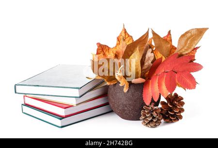 Pila di libri diversi, vaso con foglie autunnali e coni di pino su sfondo bianco Foto Stock