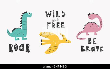 Carino collezione Dinosaurs in stile cartone animato. Illustrazione del bambino carina colorata Illustrazione Vettoriale