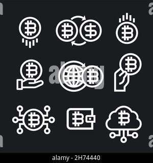 Illustrazione del set di icone Blockchain e Cryptocurrency Bitcoin Illustrazione Vettoriale