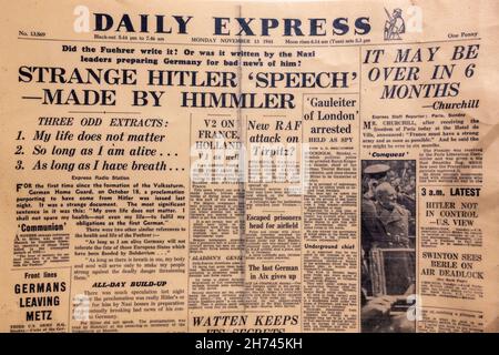 'Strange Hitler 'Peech' - realizzato da Himmler' prima pagina titolo sul Daily Express il 13 novembre 1944 durante la seconda guerra mondiale. Foto Stock