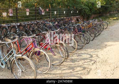 Lumbini, Nepal - 17 novembre 2016: Parcheggio biciclette vicino al parco sulla strada di Lumbini. Lumbini Development Trust Foto Stock