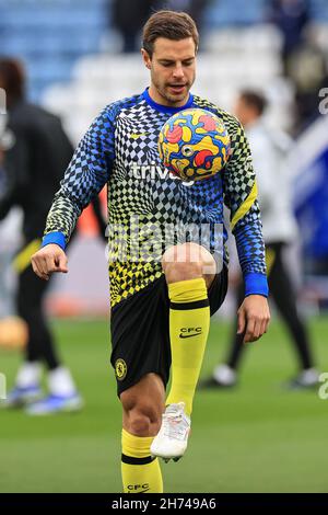 Leicester, Regno Unito. 20 Nov 2021. Cesar Azpilicueta #28 di Chelsea durante il riscaldamento pre-partita a Leicester, Regno Unito il 11/20/2021. (Foto di Mark Cosgrove/News Images/Sipa USA) Credit: Sipa USA/Alamy Live News Foto Stock