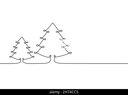 Albero di Natale linea continua art. Una linea che traccia il simbolo vettoriale di Natale su sfondo bianco. Illustrazione Vettoriale