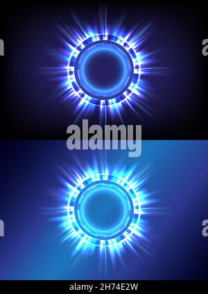 Tecnologia che brilla cerchio HUD. Anello luminoso e scintillante. Tunnel colorato. Bordo luminoso. Portale magico. Vortice luminoso e glint. Illustratore vettoriale. Illustrazione Vettoriale