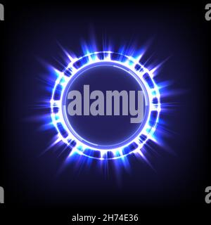 Tecnologia che brilla cerchio HUD. Anello luminoso e scintillante. Tunnel colorato. Bordo luminoso. Portale magico. Vortice luminoso e glint. Illustratore vettoriale. Illustrazione Vettoriale