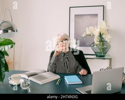 donna senior bella capelli grigi nel suo ufficio. Lavoro, persone anziane, questioni, business, concetto di esperienza Foto Stock