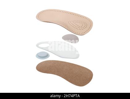 Solette mediche. Solette ortopediche isolate su sfondo bianco. Trattamento e prevenzione dei piedi piatti e delle malattie del piede. Cura del piede. Soletta in sezione Foto Stock