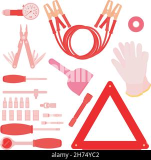 Kit di articoli per la circolazione su strada di emergenza Illustrazione Vettoriale