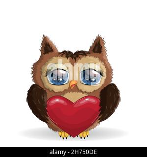Carta San Valentino con Cartoon Cartoon Owl carino con cuore e flowvers Illustrazione Vettoriale