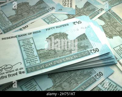 Soldi dell'India. Fatture indiane della rupia. Banconote INR. 50 rupie. Affari, finanza, notizie di background. illustrazione 3d. Foto Stock