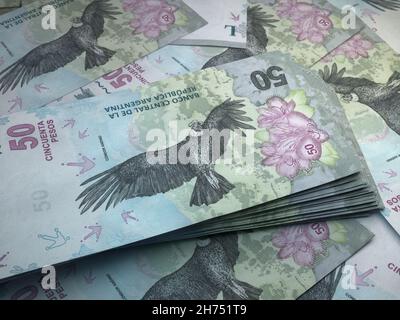 Denaro dell'Argentina. Pesos argentini. BANCONOTE ARS. 50 pesos. Affari, finanza, notizie di background. illustrazione 3d. Foto Stock