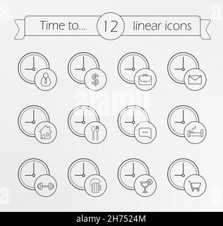 Icone lineari di gestione del tempo impostate Illustrazione Vettoriale