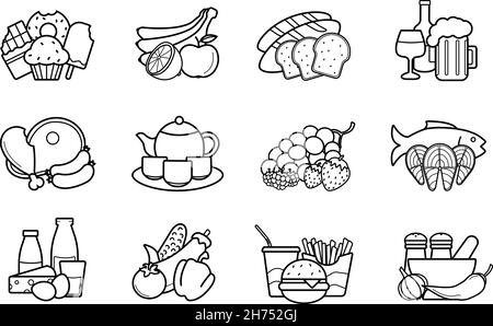 Set icone lineari per cibi e bevande Illustrazione Vettoriale