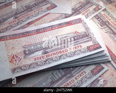Denaro di Myanmar. Kyat fatture. Banconote MM3. 500 birmano. Affari, finanza, notizie di background. illustrazione 3d. Foto Stock