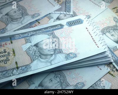 Denaro di Myanmar. Kyat fatture. Banconote MM3. 1000 birmano. Affari, finanza, notizie di background. illustrazione 3d. Foto Stock