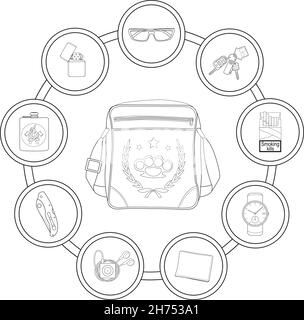 Contenuto della borsa a spalla dello studente. Contorno Illustrazione Vettoriale