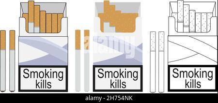 Icone dei pacchetti di sigarette. Colore, senza contorno, linea Illustrazione Vettoriale