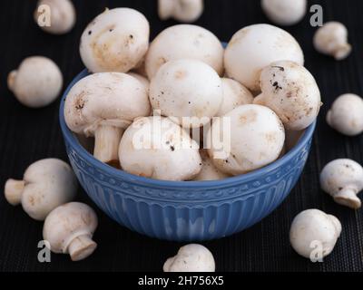 Funghi di champignon appena raccolti in una ciotola. Primo piano. Foto Stock