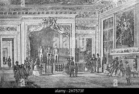 Un'illustrazione del tardo 19 ° secolo della camera del re Enrico IV nel Palazzo del Louvre, situato sulla riva destra della Senna a Parigi, tra i Giardini Tuileries e la chiesa di Saint-Germain l'Auxerrois. Originariamente una struttura militare, ha servito numerose funzioni legate al governo e ad intermittenza come residenza reale tra il XIV e il XVIII secolo. Enrico IV, il nuovo re francese dal 1589 è associato al Grand Dessein ('Grand Design') di unire il Louvre e le Tuileries in un unico edificio. Foto Stock
