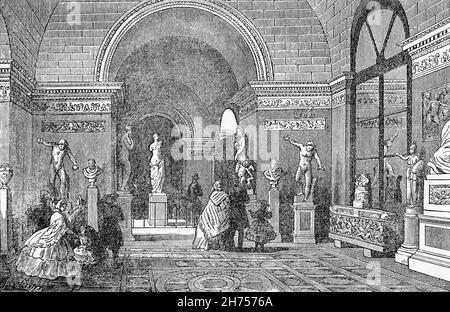 Un'illustrazione del tardo 19 ° secolo della Galleria di sculture antiche nel Palazzo del Louvre, situato sulla riva destra della Senna a Parigi, tra i Giardini Tuileries e la chiesa di Saint-Germain l'Auxerrois. Originariamente una struttura militare, ha servito numerose funzioni legate al governo e ad intermittenza come residenza reale tra il XIV e il XVIII secolo. Enrico IV, il nuovo re francese dal 1589 è associato al Grand Dessein ('Grand Design') di unire il Louvre e le Tuileries in un unico edificio. Foto Stock