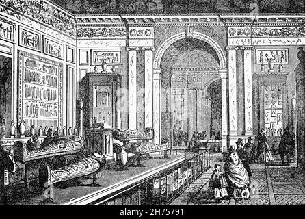 Un'illustrazione del tardo 19 ° secolo del Museo Egizio nel Louvre Palace, situato sulla riva destra della Senna a Parigi, tra i Giardini Tuileries e la chiesa di Saint-Germain l'Auxerrois. Originariamente una struttura militare, ha servito numerose funzioni legate al governo e ad intermittenza come residenza reale tra il XIV e il XVIII secolo. Enrico IV, il nuovo re francese dal 1589 è associato al Grand Dessein ('Grand Design') di unire il Louvre e le Tuileries in un unico edificio. Foto Stock