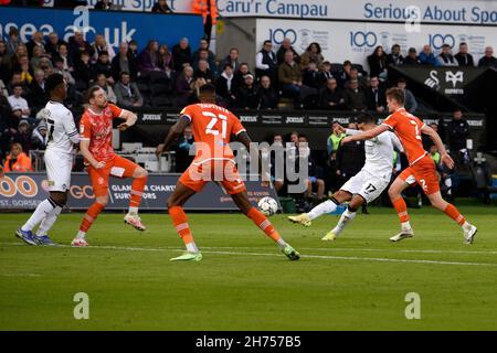 Swansea, Regno Unito. 20 Nov 2021. Joel Piroe di Swansea City spara e segna il suo primo obiettivo. EFL Skybet Championship match, Swansea City / Blackpool allo Stadio Swansea.com di Swansea sabato 20 novembre 2021. Questa immagine può essere utilizzata solo per scopi editoriali. Solo per uso editoriale, licenza richiesta per uso commerciale. Nessun uso in scommesse, giochi o un singolo club / campionato / giocatori pubblicazioni. pic di Andrew Dowling/ credito: Andrew Orchard sport fotografia / Alamy Live News Foto Stock