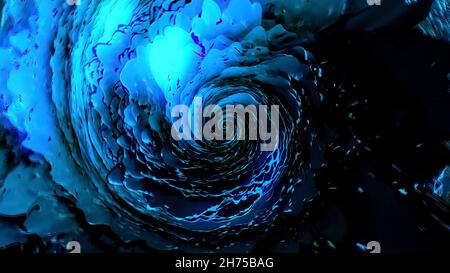 Tornado astratto blu 3D a forma di spirale con insolita struttura trasformante, loop senza cuciture. Movimento. Vista dall'alto dell'acqua come il vortice in moto che gira senza fine Foto Stock