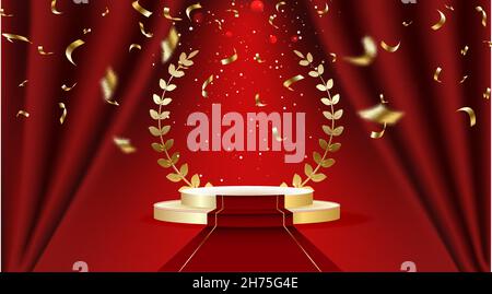 Red Stage Curtain with Spotlights, Seats and Golden Laurel Wreath. Vector illustration. Theater, Opera or Cinema Scene. Stock Vector