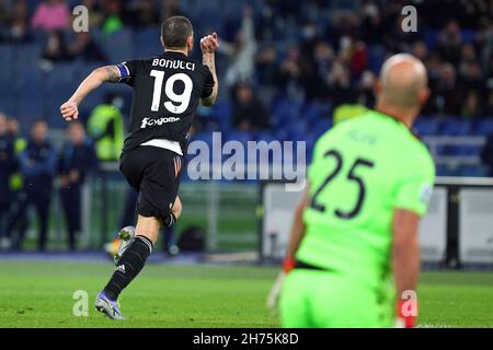 Leonardo Bonucci di Juventus festeggia dopo aver segnato 0-1 gol a penalità durante il campionato italiano Serie Una partita di calcio tra SS Lazio e Juventus FC il 20 novembre 2021 allo Stadio Olimpico di Roma - Foto: Federico Proietti/DPPI/LiveMedia Foto Stock