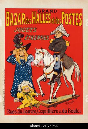 Vintage Poster che pubblicizza un mercato delle pulci per bambini a Parigi by Fernand Fernel 1895. Il disegno mostra un ragazzo che finge di essere un soldato su un cavallo di legno e una ragazza che indossa un grande cappello che lo saluta. Foto Stock