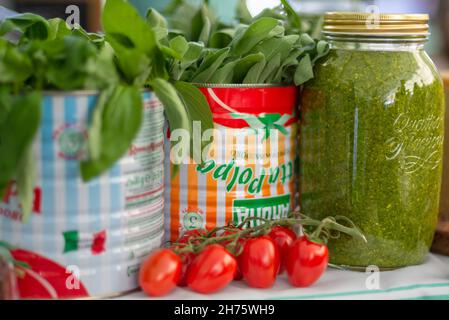 Tavola di pesto, pomodori e basilico fresco Foto Stock