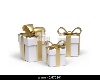 Confezioni regalo bianche su sfondo bianco con tracciato di ritaglio. Stile cartoon. Immagine 3D Foto Stock